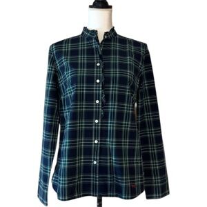 Talbots women’s preppy plaid ruffle neck, tab sleeve festive blouse, navy, SZ 10